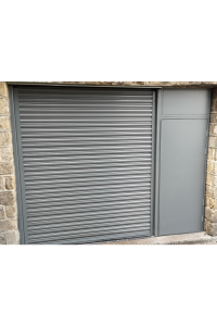 Black roller door with a black steel security door to the right