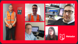 Red rectangle with 4 men and a woman and the metador logo