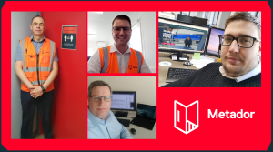 Red rectangle with 4 men and the metador logo