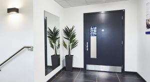 Black security door with glass panel and a keypad lock in a white room with black floor and a plant
