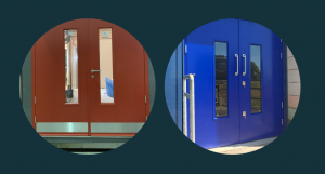 Two circles showing red double security doors and blue double security security doors