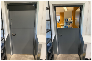 Side by side image of a grey steel security door one side fully built one side with the top panel missing