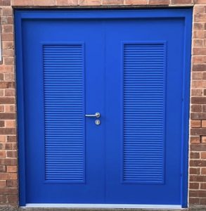 Blue louvered double security doors with a silver handle and lock