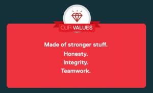 Red box with white text reading "made of stronger stuff. Honesty. Integrity. Teamwork"