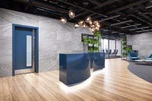 blue steel door and frame in office reception