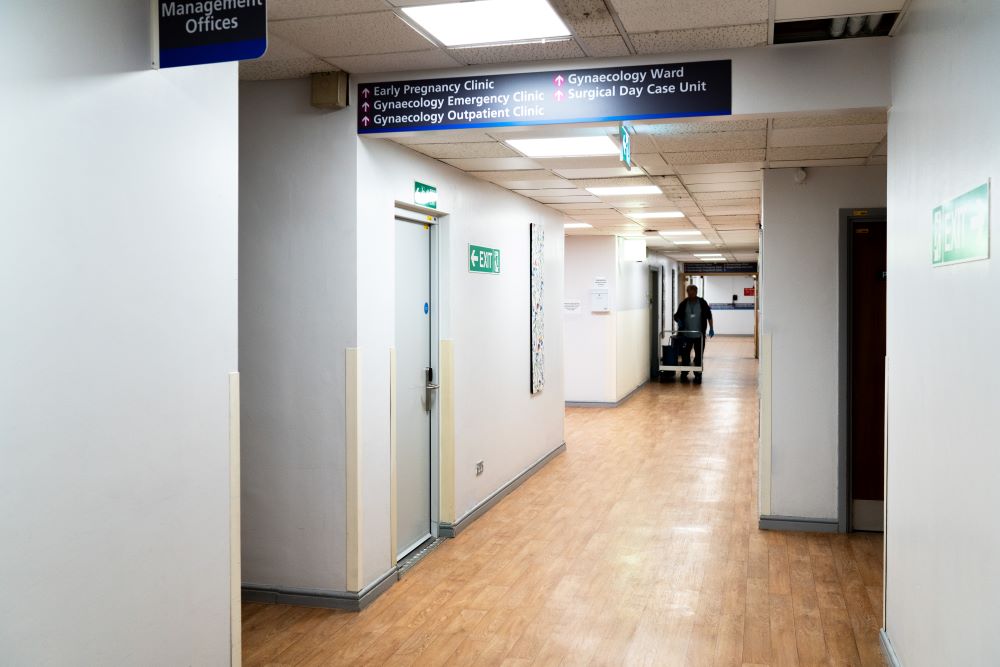 Internal corridor of St Michael's hospital featuring a white Metador single internal steel fire door